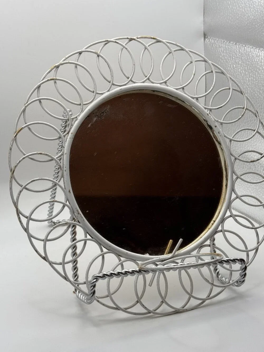 Vintage Silver Tone Looped Wire Vanity Wall Mirror - Round